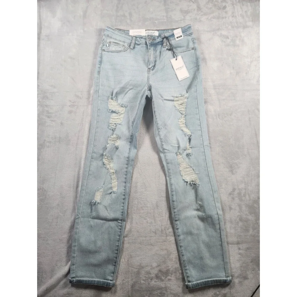 Judy Blue Boyfriend Fit Jeans Women's 3/26 Distressed Mid Rise Light Wash JB8878